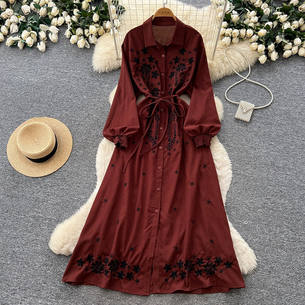 K-stylefloralsembroider silm type dress women's summerlong sleeves lapel waist slimming look a-line skirt work clothingelegant skirt
