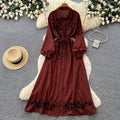K-stylefloralsembroider silm type dress women's summerlong sleeves lapel waist slimming look a-line skirt work clothingelegant skirt