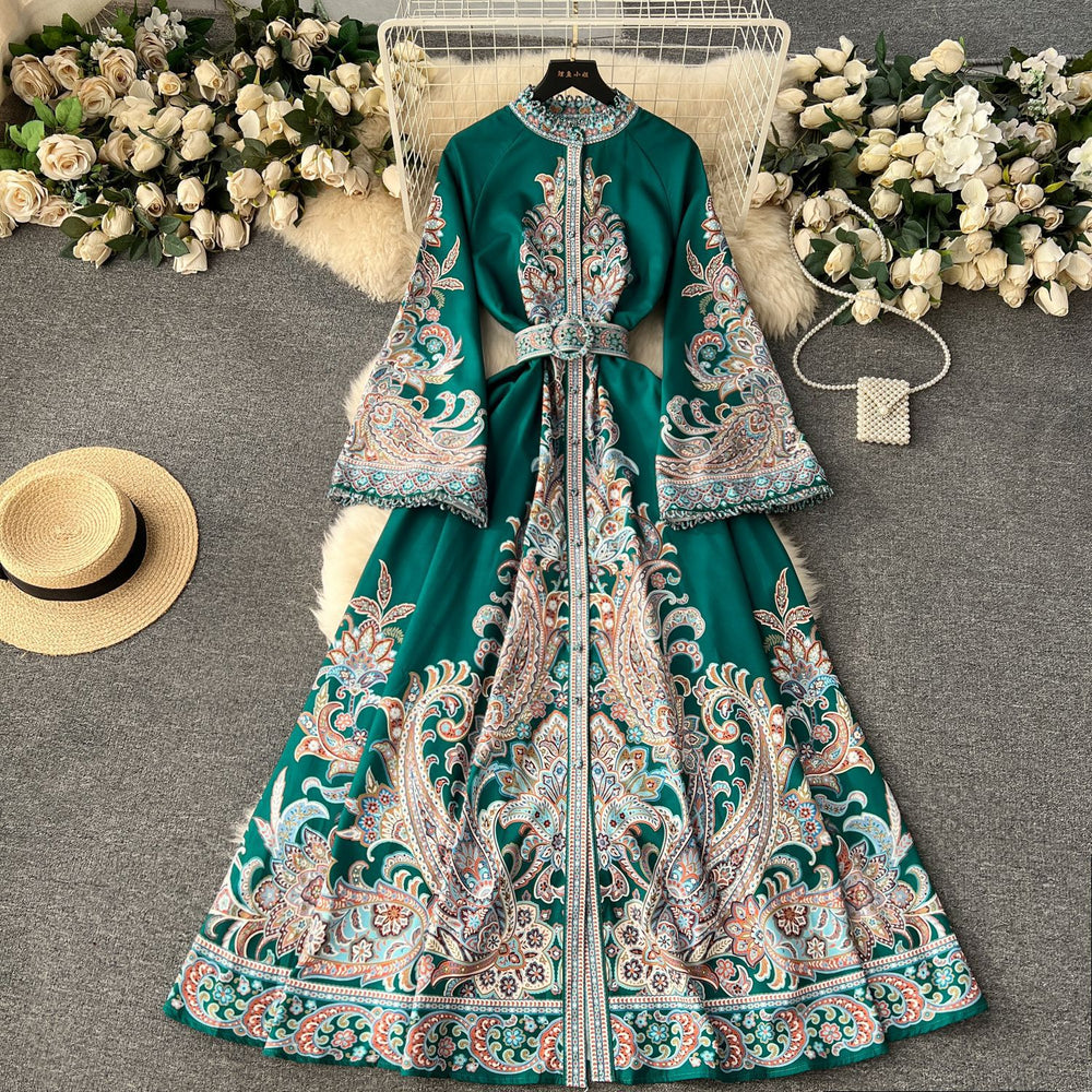 Frenchretroclassy dress women's niche styleelegantloose waist bell sleeves waist large hem printing long skirt