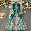 Frenchretroclassy dress women's niche styleelegantloose waist bell sleeves waist large hem printing long skirt