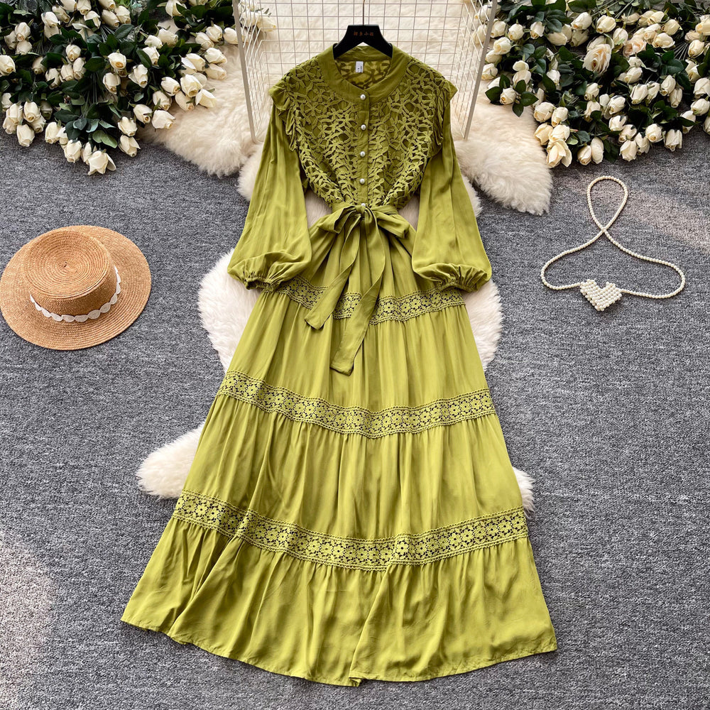 French retro court style lace hollow-out maxi dress - stand collar, summer korean style, long sleeve, cinched waist a-line dress for women