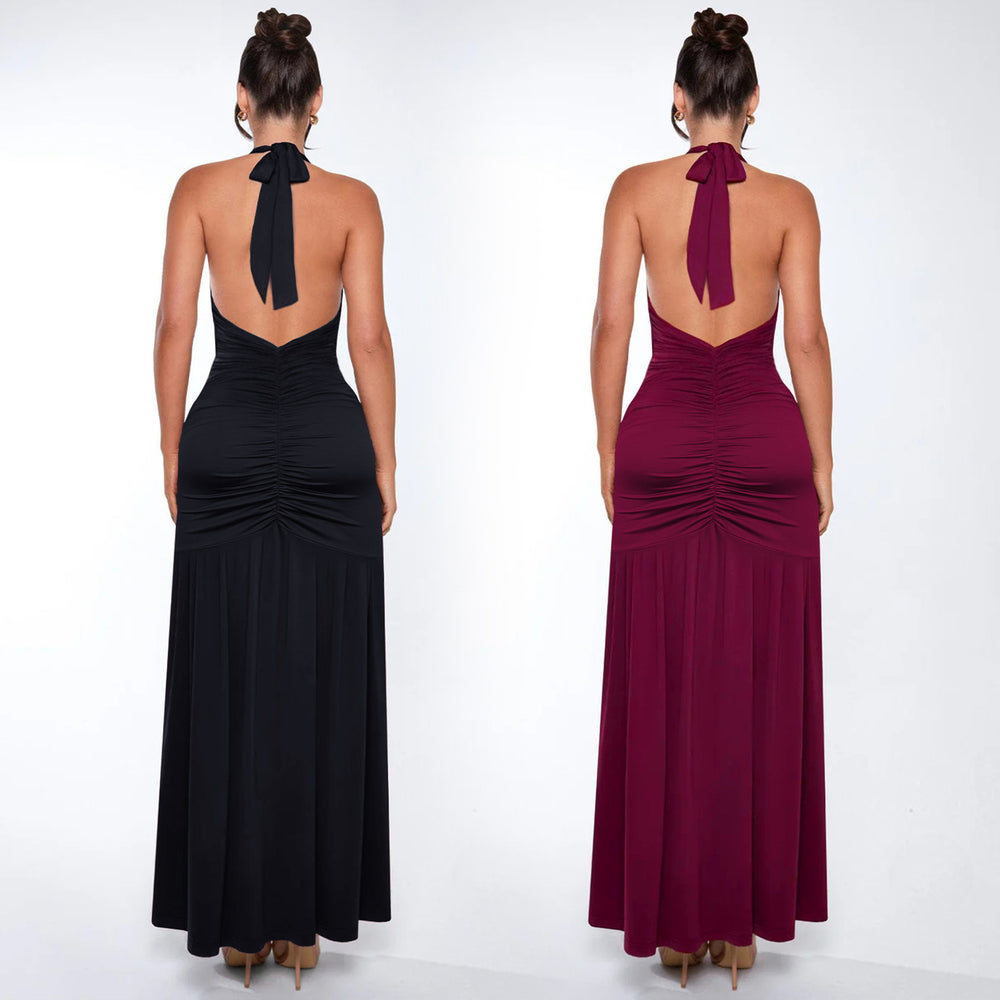 C7552 cross-border   fashion women's elegant solid color sexy v-neck slit dress