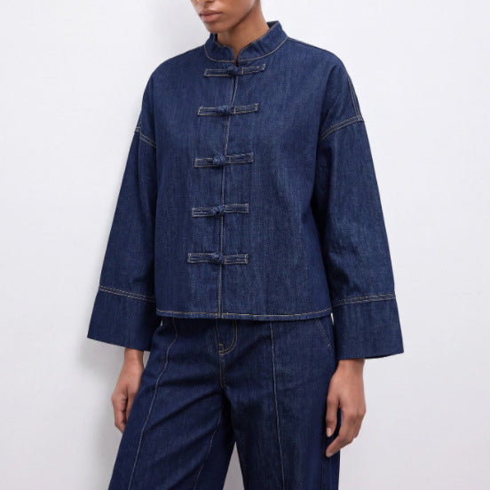 Women's chinese stand collar buttoned denim top - deep navy, relaxed fit, cropped shirt with three-quarter wide sleeves