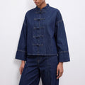 Women's chinese stand collar buttoned denim top - deep navy, relaxed fit, cropped shirt with three-quarter wide sleeves