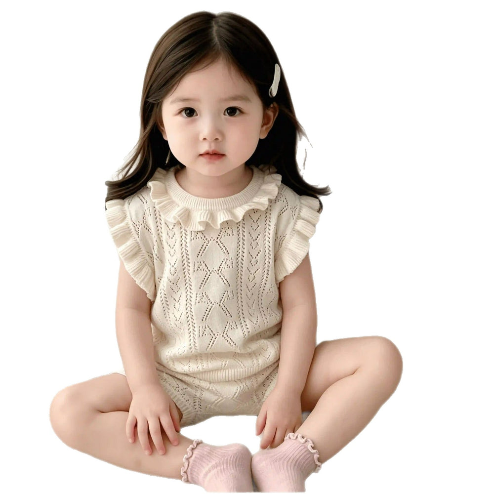 Kids' summer knit sleeveless vest - lightweight, hollow-out, soft, breathable, ruffle-trimmed knit top for babies