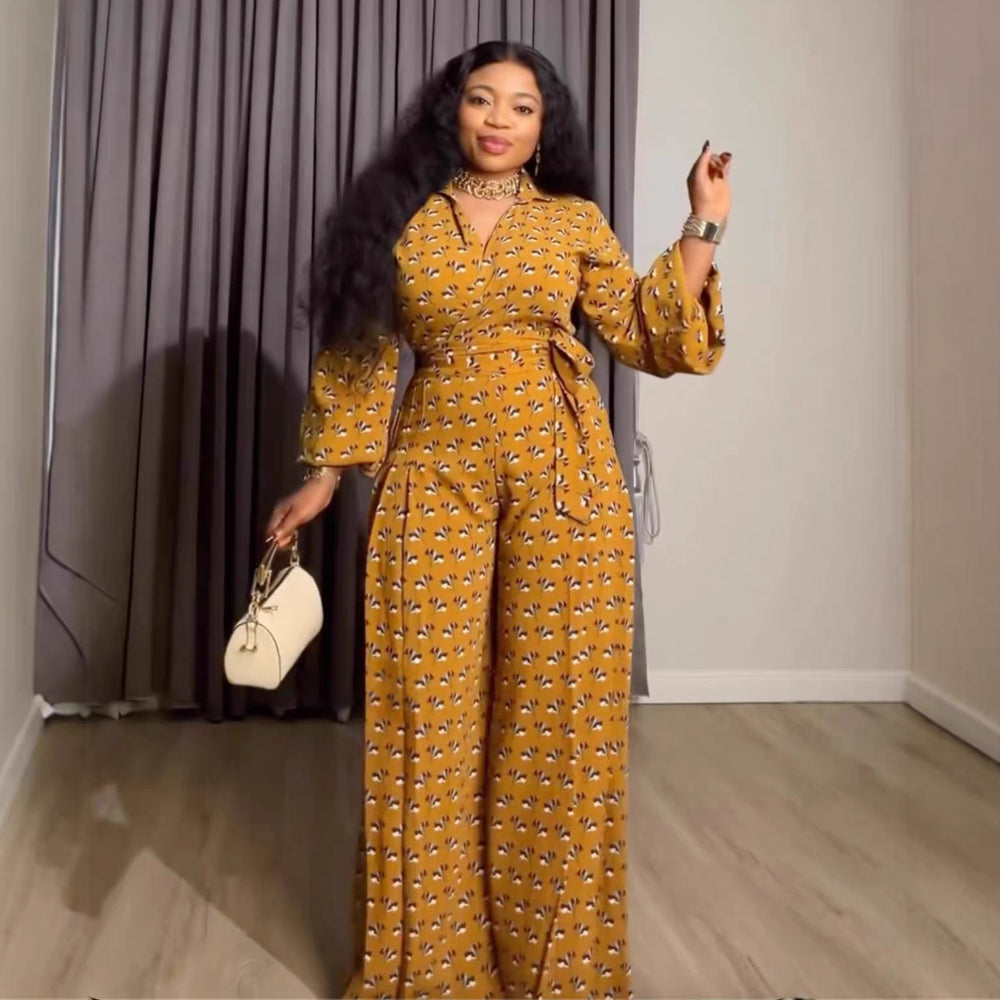 European and american cross-border women's clothing  new collection: african-inspired sweet floral tie-top and high-waisted wide-leg pants set