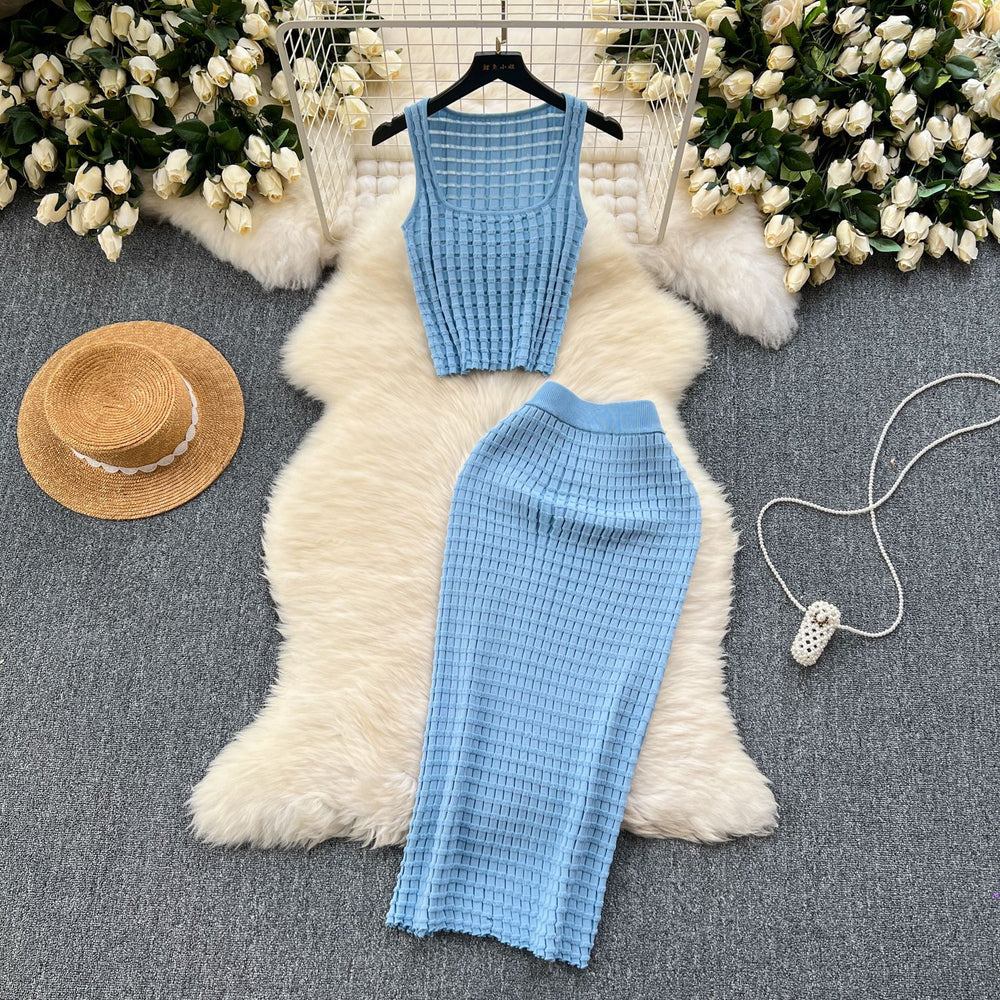 Hong kong style retro hot girl outfit - women's summer cropped tank top & high-waisted midi skirt knit two-piece set