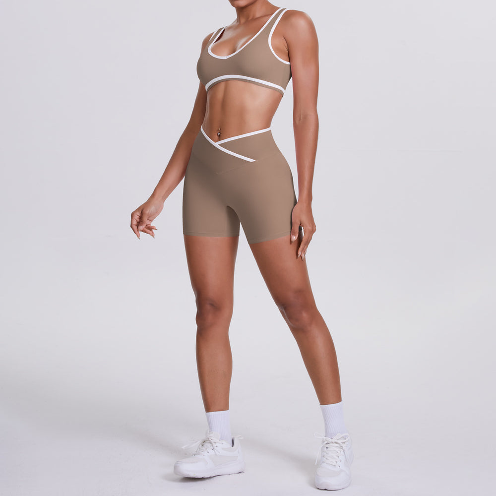 new arrival: double-sided brushed fleece color block compression yoga set - breathable, cross-back design, perfect for running and fitness (two-piece set)