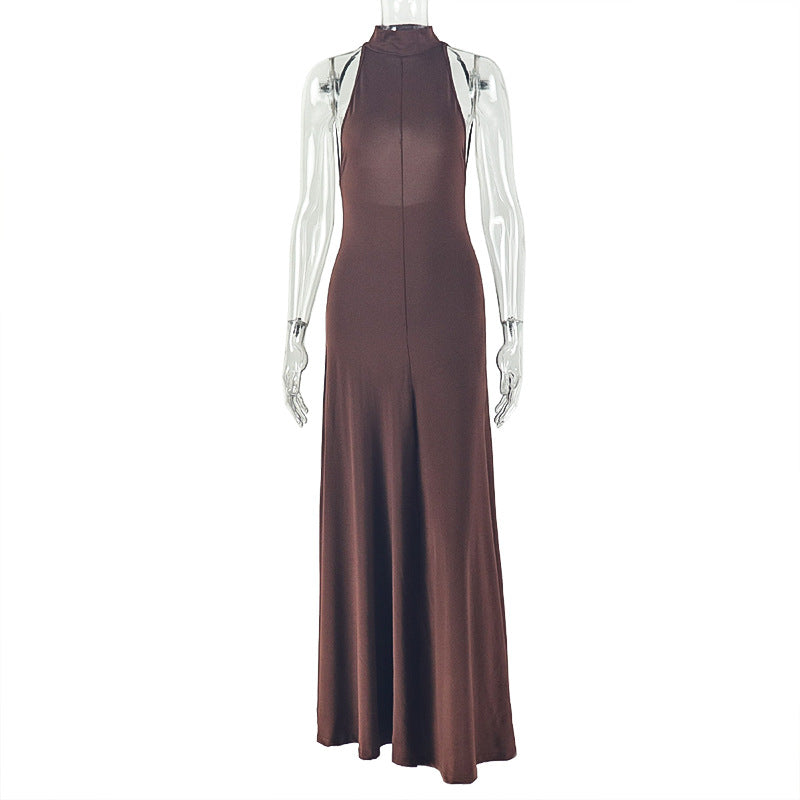 European and american style ins cross-border elegant women's waist sexy slim a-line skirt round neck sleeveless pure colorlongdress