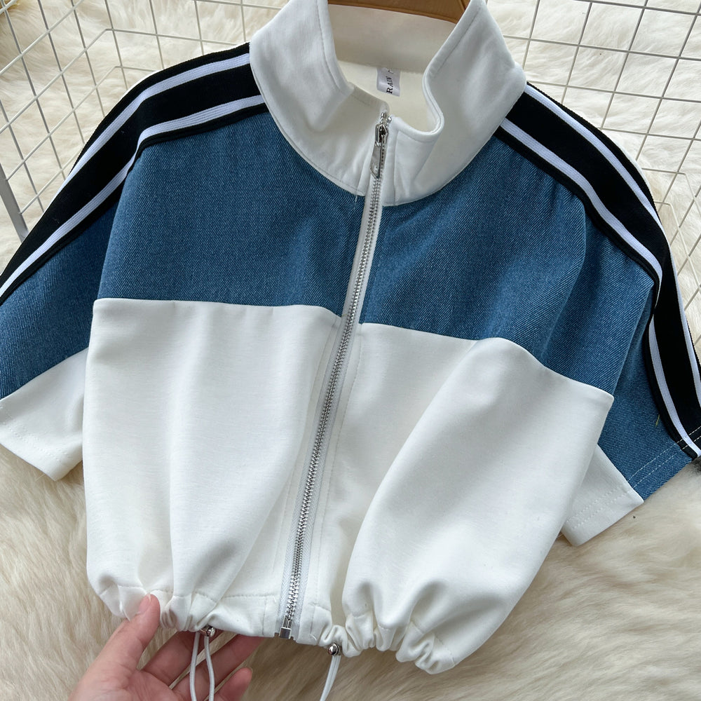 Fashionsuit women's  summer hong kong style drawstring waist short contrast color stand collar tops high waist denim loose pants