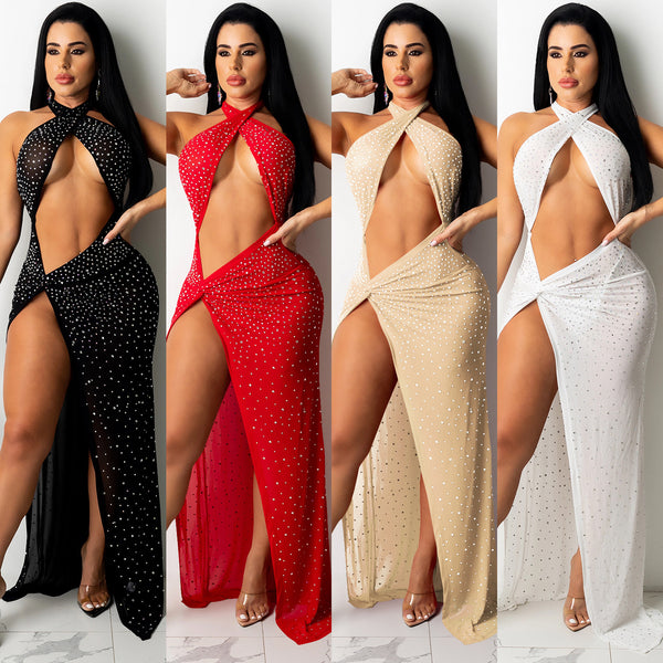 X5326  European and American new product nightclub sexy hot diamond-encrusted mesh perspective women's clothing chest-wrapped split dress