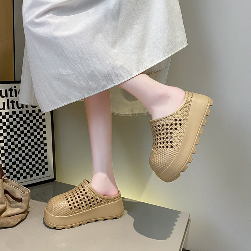 Summer new thick soleplatform shoes non-slip cut out breathable half slippers women's sandals pure color cut outoutwear toe shoes