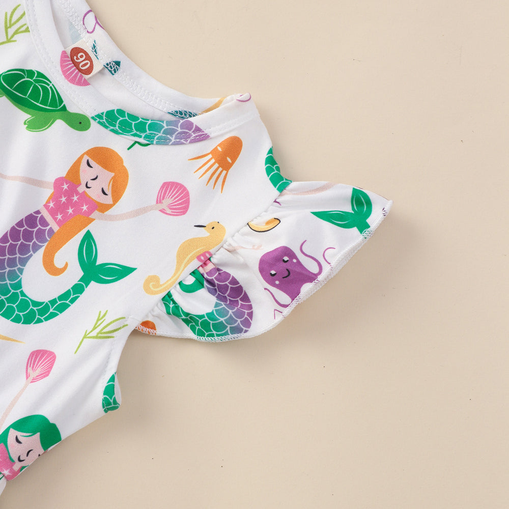 Mermaid pattern kids' flutter sleeve breathable & cool fitted dress