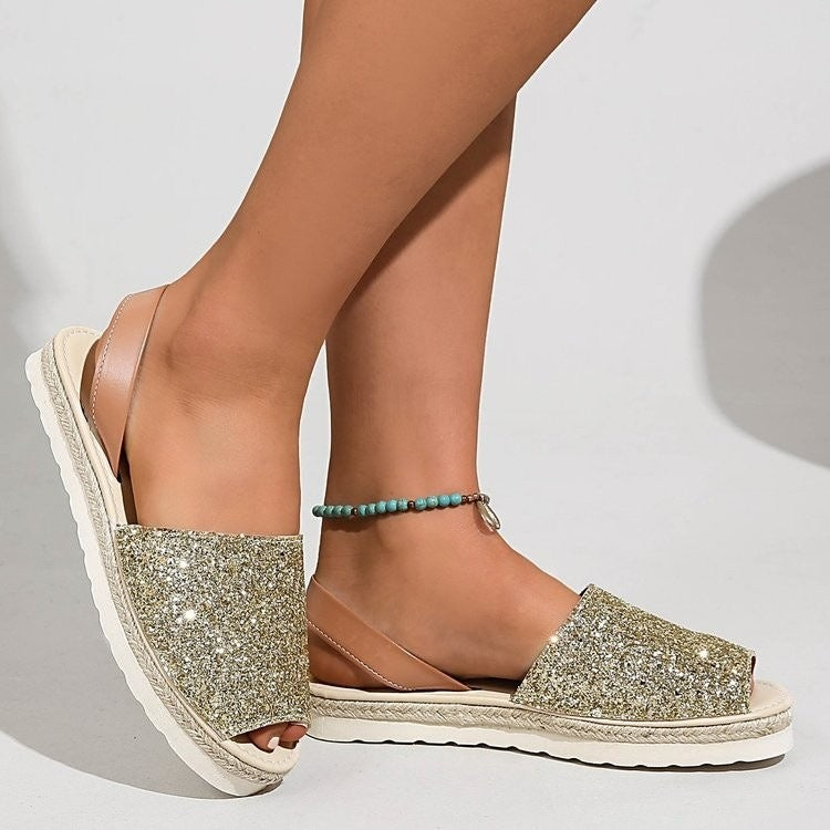 Export sequinflats fish mouth sandals women's fashionplus size shiny open toe soft bottom sandals cross-border export shoes wholesale
