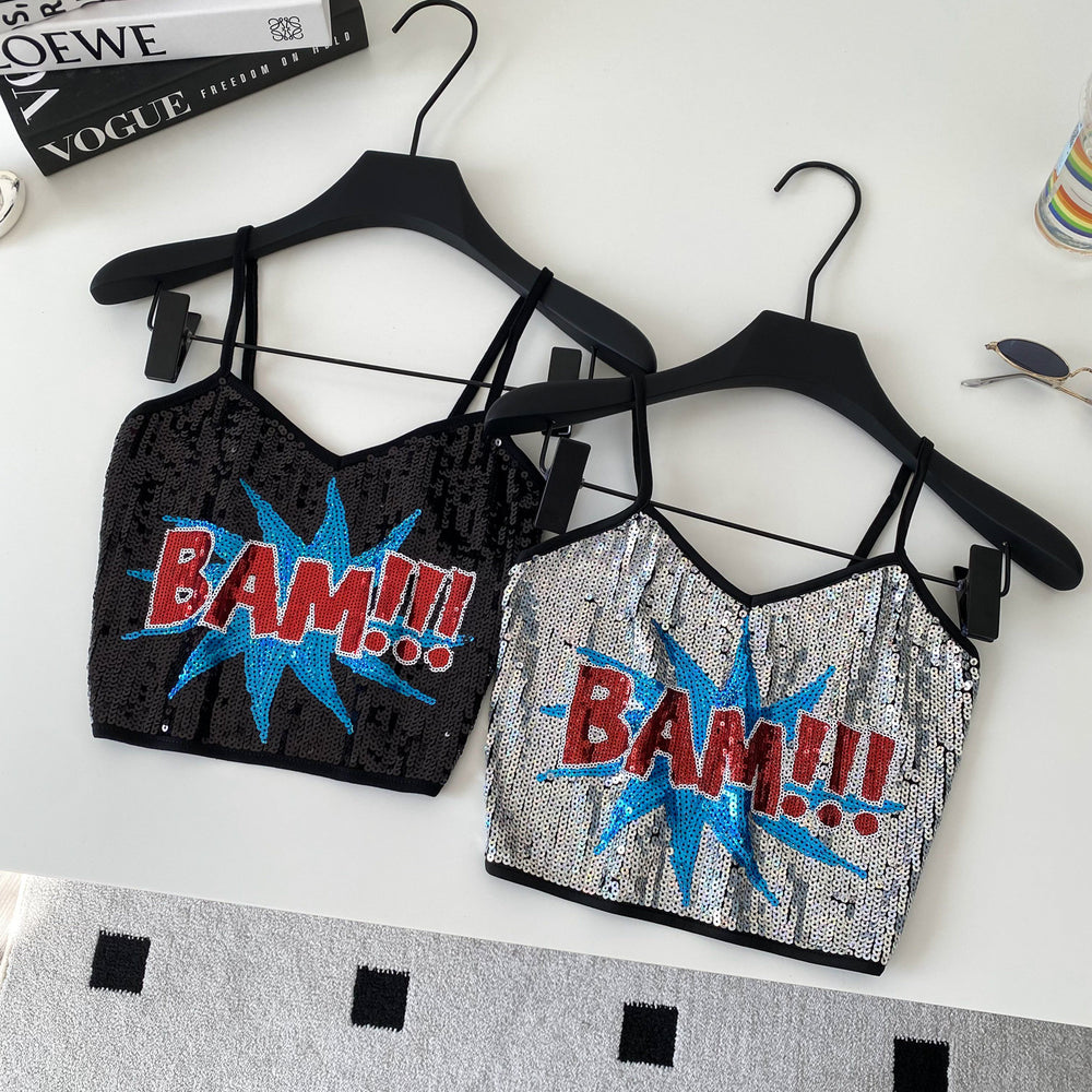 Retrofashion hot girl style sling tube top vest women's summerlettersequinshortpetites street tops trendy