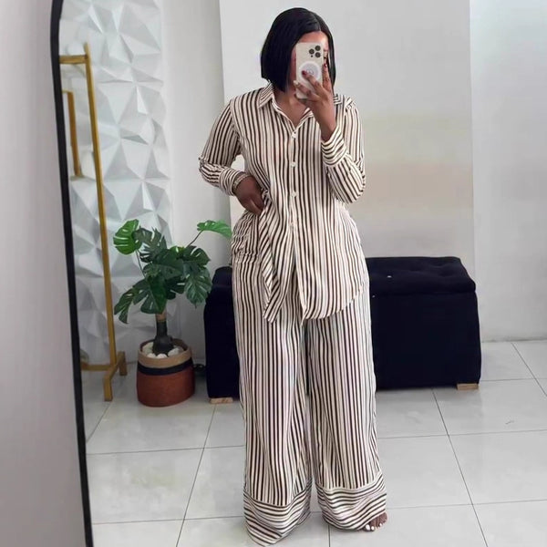 2025 European and American new fashion striped long-sleeved lapel shirt set women's casual trousers African large size two-piece set