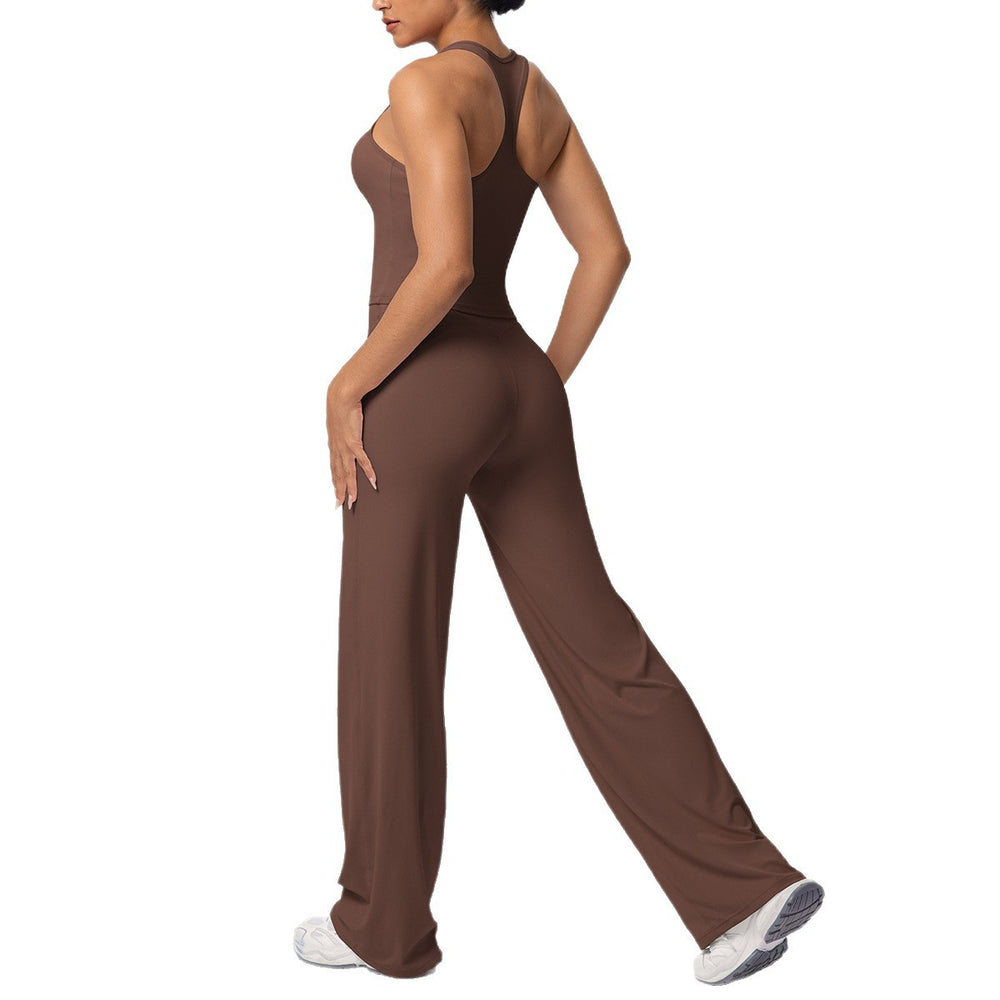 fashion brushed pure color tight i-shaped back sports suit running fitness yoga wear wide-leg two-piece set