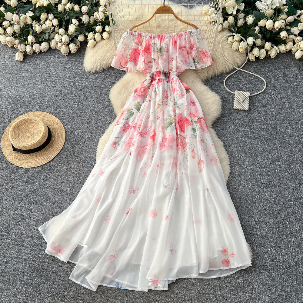 Vacation-style off-the-shoulder ruffle print dress - women's spring/summer korean high-waisted slimming elegant maxi dress