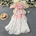 Vacation-style off-the-shoulder ruffle print dress - women's spring/summer korean high-waisted slimming elegant maxi dress