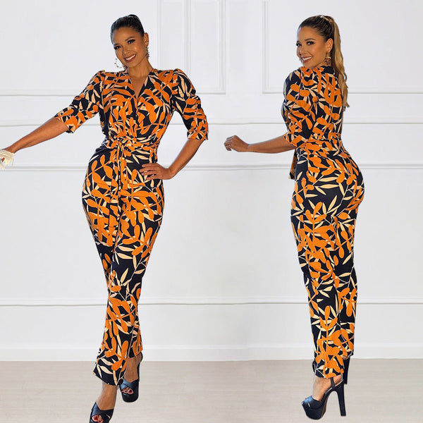 10419 Cross-border European and American  women's jumpsuit deep V-neck bubble sleeve temperament lace-up waist casual trousers