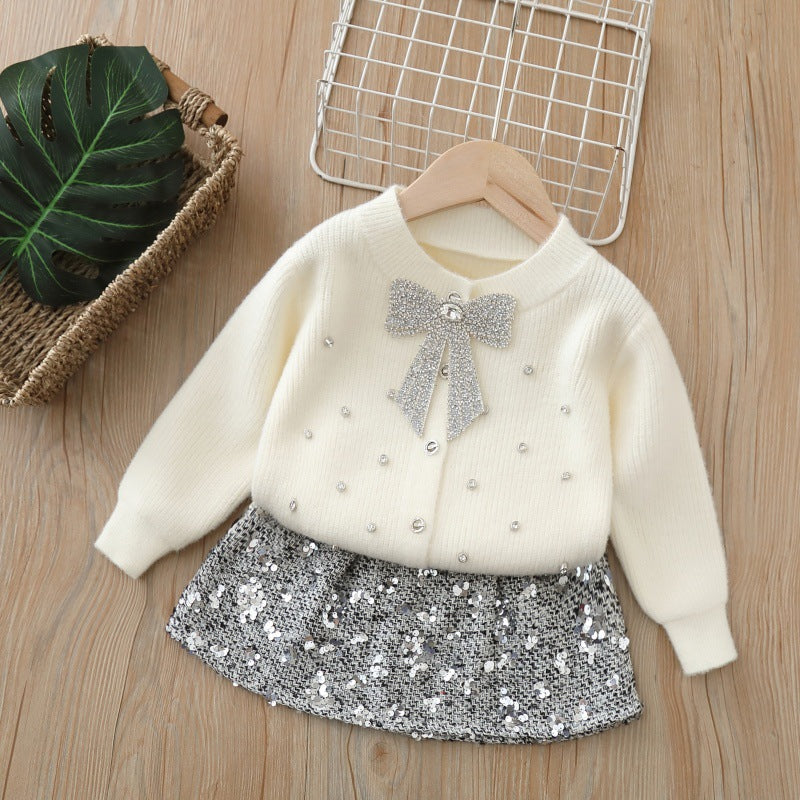 Girls' sweater french style tweed bow knittingcardiganfall and winternew arrivalsoft and sweeteasiest for matchsuit