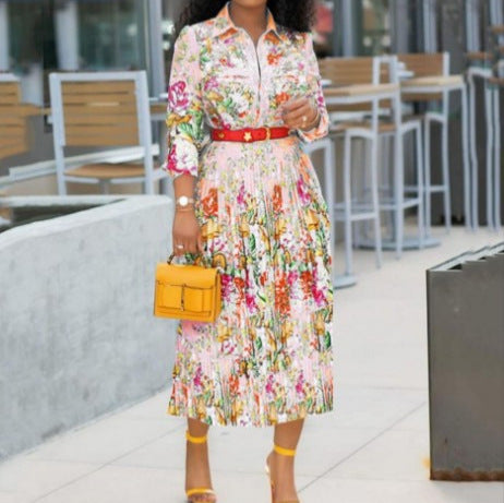 Amazon women's summer new pleated skirt  european and american cross-border waist-defining printed short-sleeve shirt collar dress