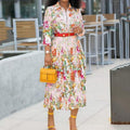 Amazon women's summer new pleated skirt  european and american cross-border waist-defining printed short-sleeve shirt collar dress