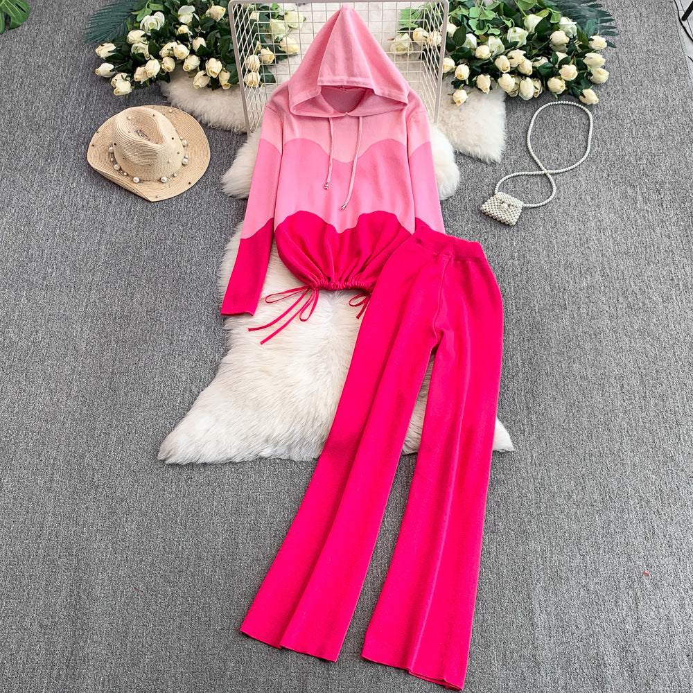 Women's casual set: new design drawstring waist color block hooded long sleeve sweatshirt two-piece set with high-waisted wide leg pants