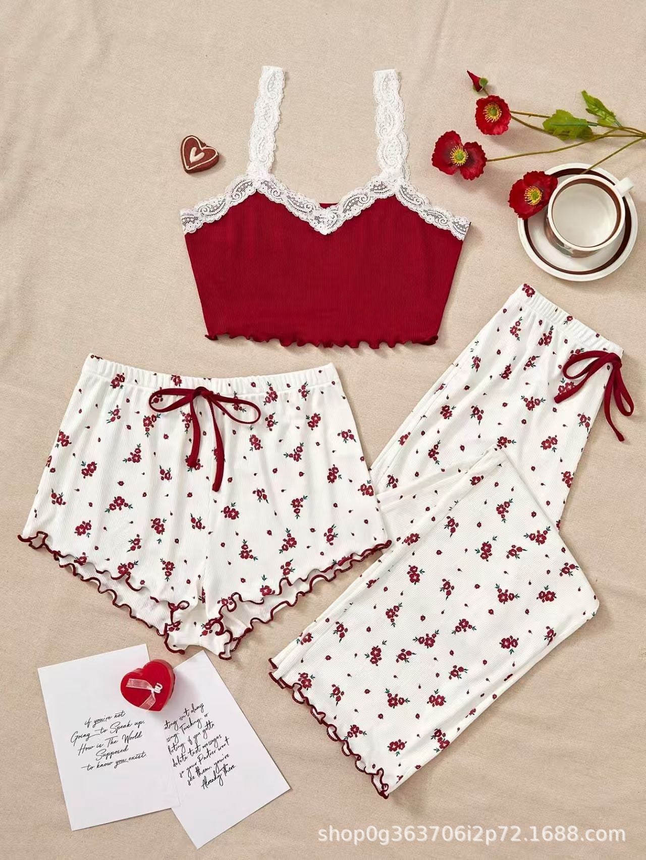 Sexy floral pajamas women's summer lace suspenders three-piece set short trousers girl suit cute women's loungewear