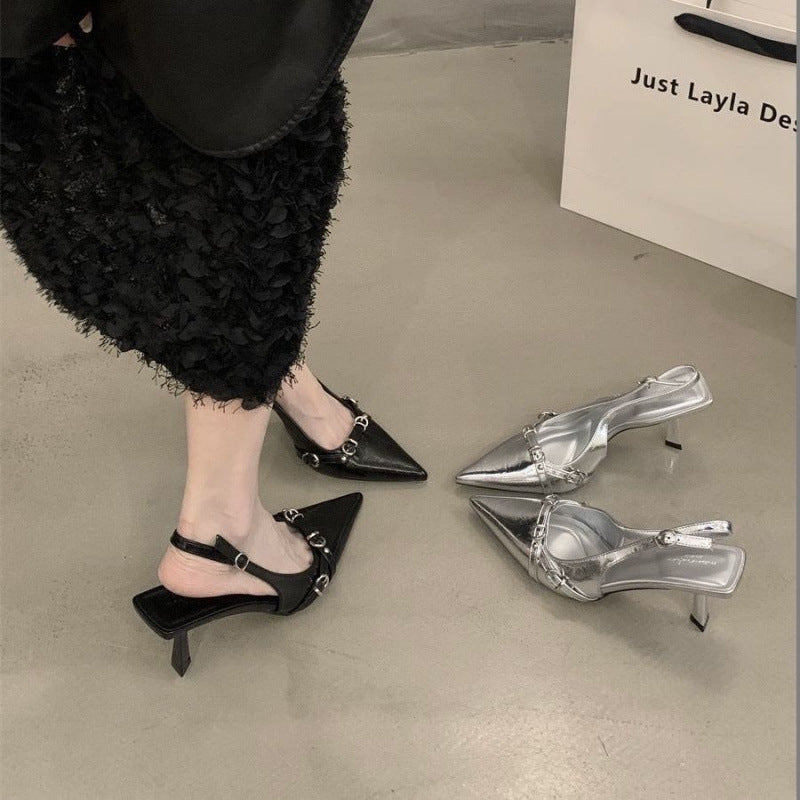 French toe high heel sandals flats 2025 spring new style back hollow thin heel elegant pointed toe flats women's shoes