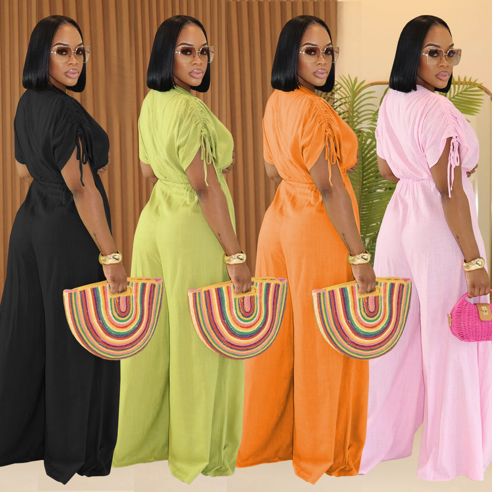 C7388 cross-border   fashion women's casual solid color v-neck tie-waist wide-leg jumpsuit new