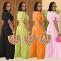 C7388 cross-border   fashion women's casual solid color v-neck tie-waist wide-leg jumpsuit new