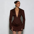 cross-border fashion: european & american style women's autumn/winter new collection - elegant solid color deep v-neck lapel pleated waist blazer dress