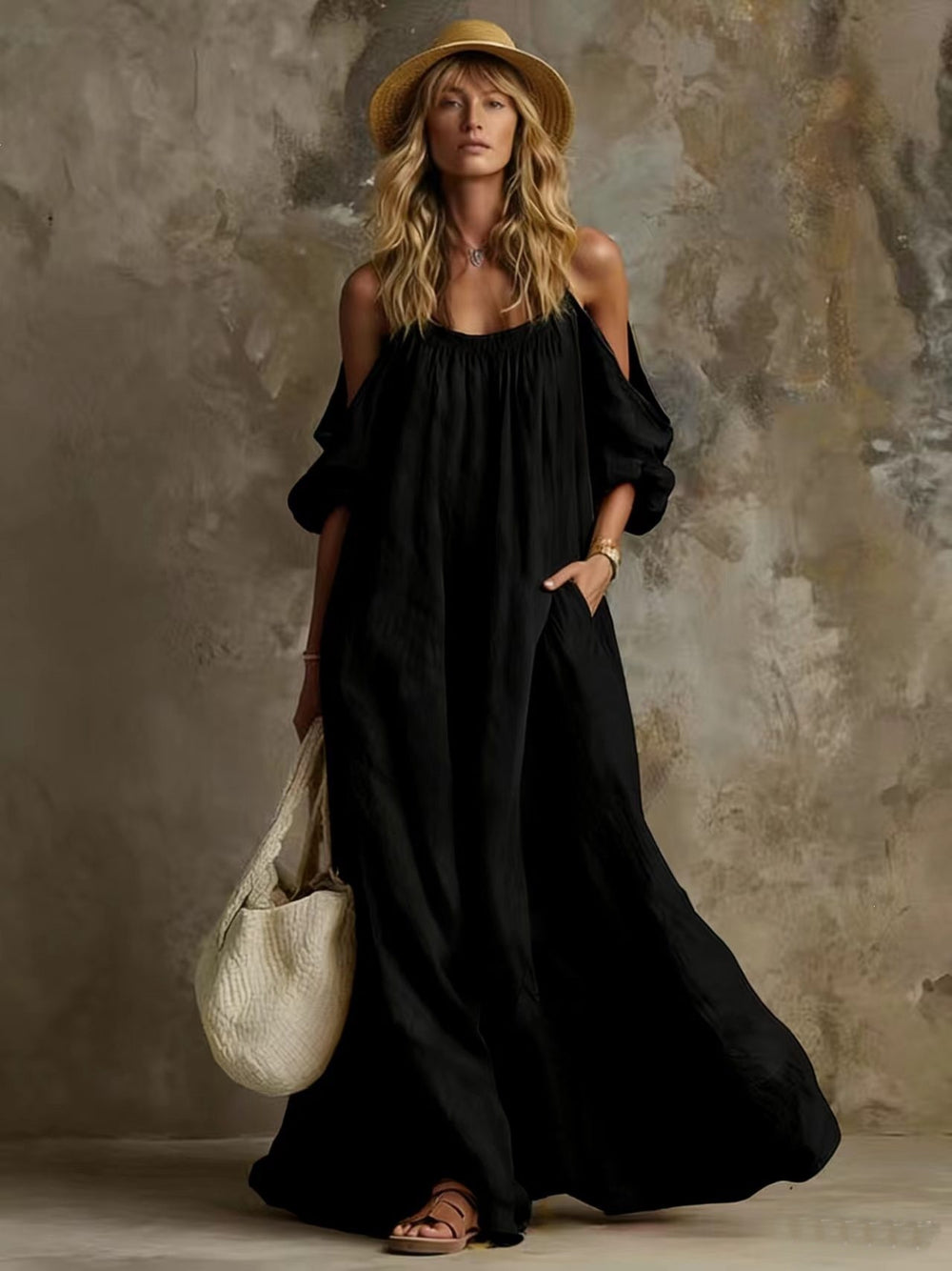 Fashion  independent station vacation style pocket sling off-shoulder cotton and linen looseslimming look large swing dress