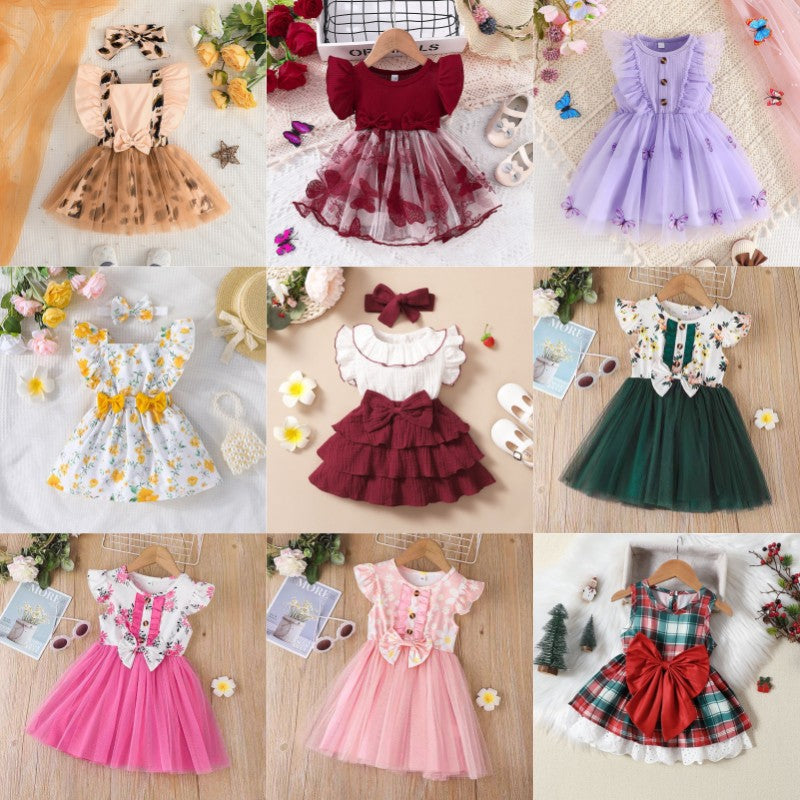 summer cross-border children's wear: new girls' bowknot patchwork floral print dress with mesh skirt