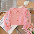 spring/autumn new collection: pure cotton embroidered girls' blouse - long sleeve baby doll collar shirt with turn-down collar