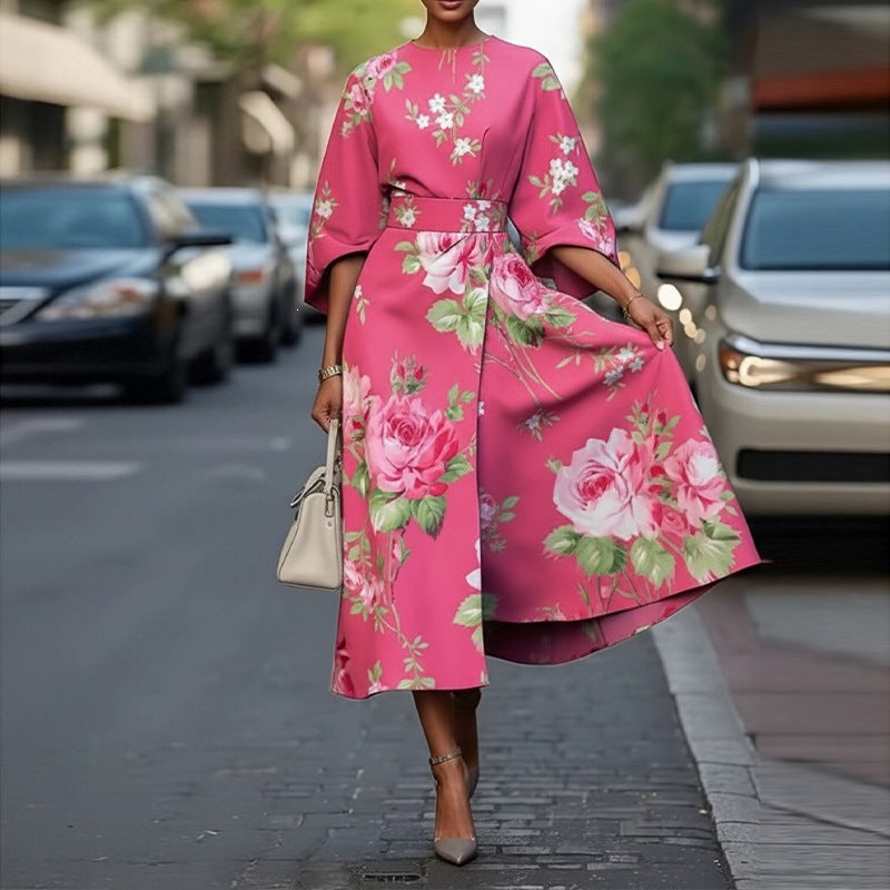 summer new arrivals: european and american style women's fashion - elegant printed midi dress with three-quarter sleeves