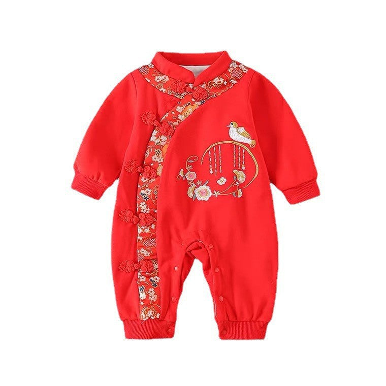 Baby spring autum baby girl long sleeves partial magpie double-layered khaki full moon tang suit style embroider one-piece clothes