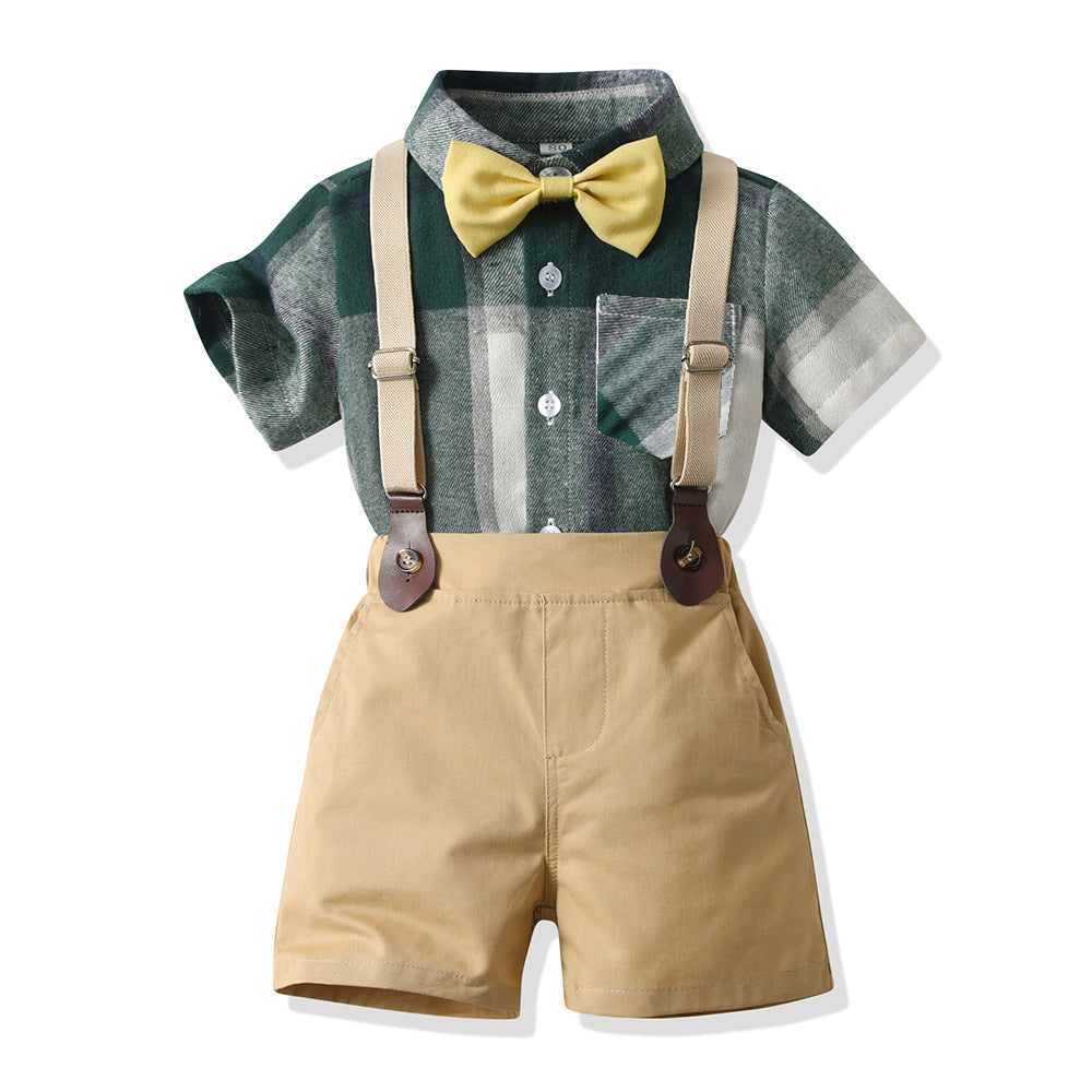 Boyssuitspringnew arrivalboysplaidlong sleevesshirtbaby boy british plaid one-year-old overallssuit