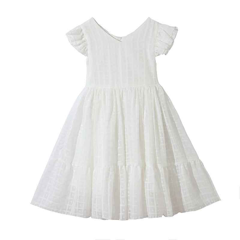 new korean style girls' princess dress - summer lightweight square neck printed chiffon short sleeve dress for children