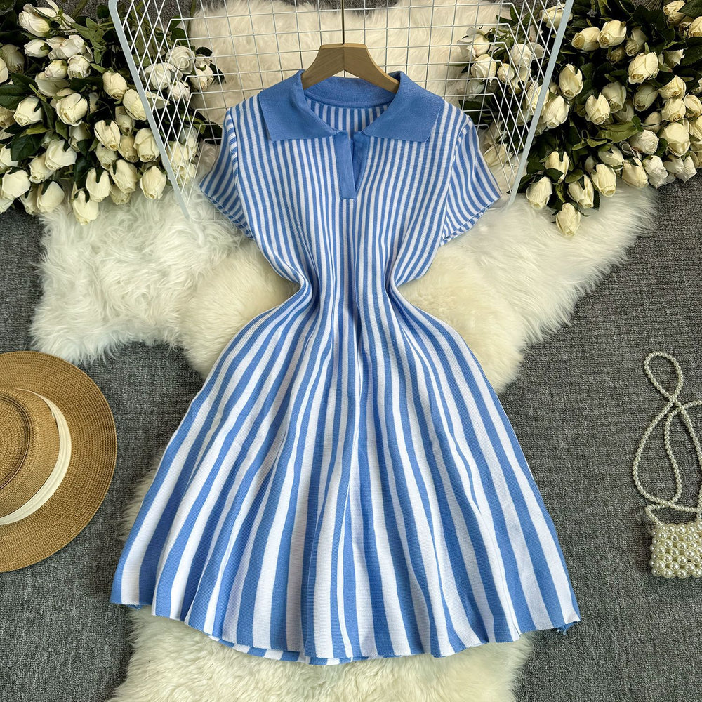 Exportfrenchcontrast colorretro lapel short sleeve stripesknittingdress women's waist elegantslimming looka-line skirt