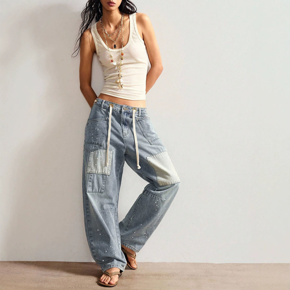 Fashionjeans women's patchwork patch splash ink wide-leg jeans high waist drawstring loosestraight-legcasualpants
