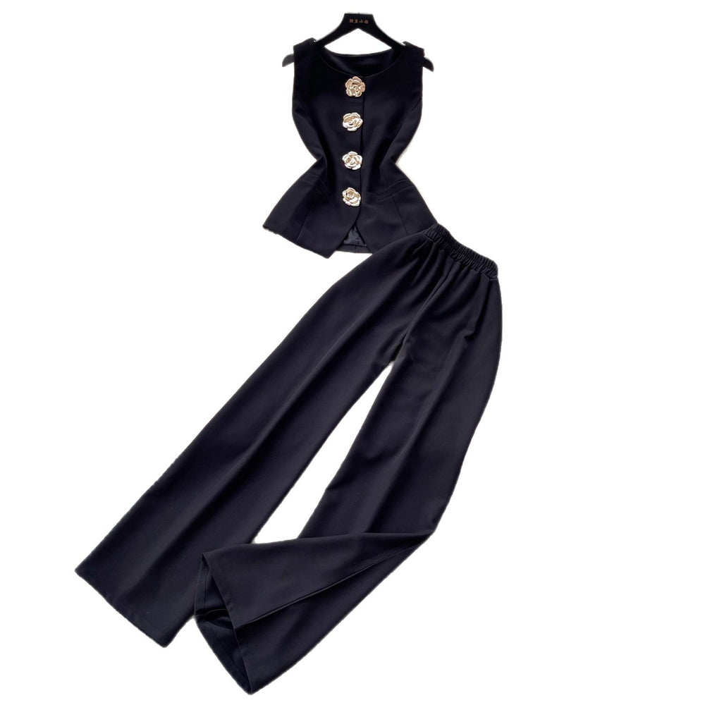 K-stylework clothing style stereo flower decoration vest high waistloose pantstwo-piece set female summervestslimming looksuit