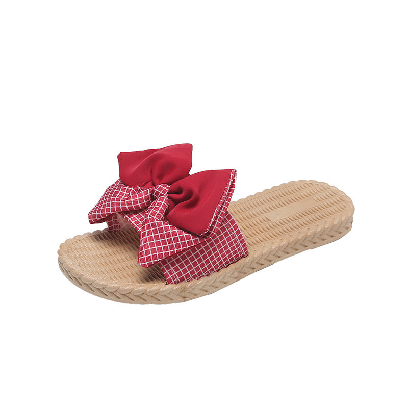Bow-tie slides women's outdoor beach sandals 2024 summer new fashion plaid non-slip soft sole thong sandals