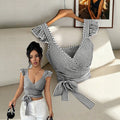 Summerfrenchstripesshorttopsv neck flying sleeves cross wrap side bowsilm navel-baring vest