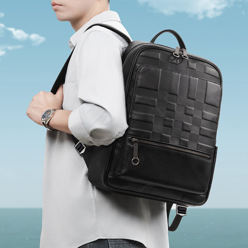 New embossed men's bag leather simple backpack solid color first layer cowhide backpack multi-functional computer men's backpack