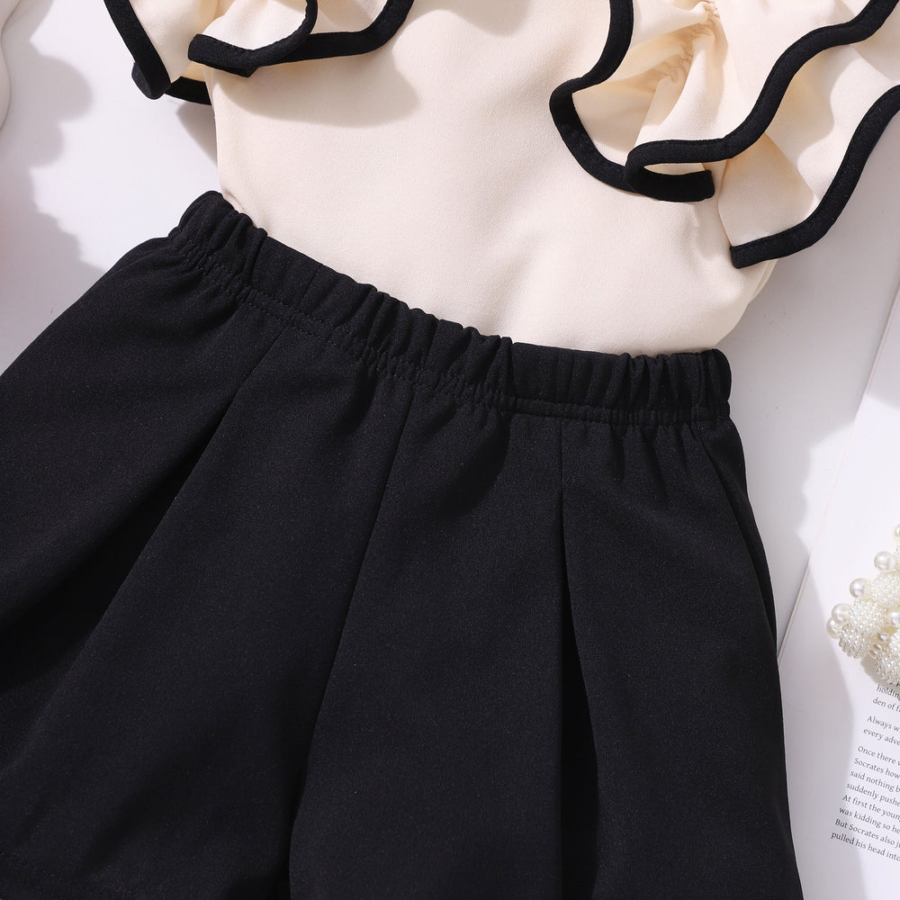 Girls' two-piece outfit: ruffle-trimmed top + solid color shorts set
