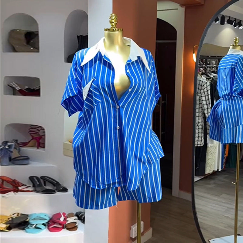 European and american cross-border women's fashion  autumn new casual blue striped turn-down collar button-down shirt and wide-leg shorts set