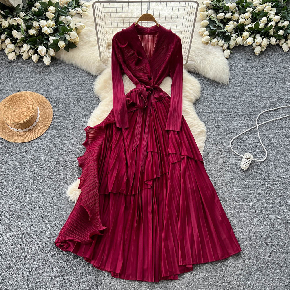 Miya pleated european and american dress women's  autumn sense of design strappy waist suit collar asymmetrical long skirt