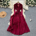 Miya pleated european and american dress women's  autumn sense of design strappy waist suit collar asymmetrical long skirt